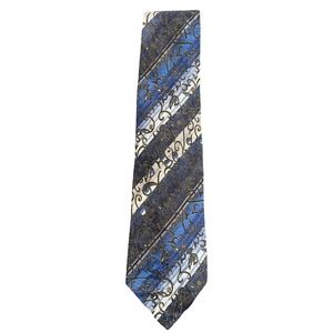 Enrico Guccini Mens Silk Tie Blue Silver Striped Filigree Scroll Pattern